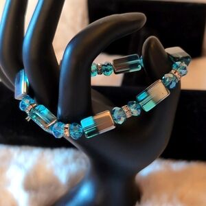 Blue and Silver Toned Beaded Stretch Elastic Bracelet